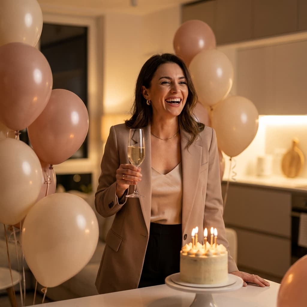 Elegant woman in a softly lit evening celebration scene that now stands in as a romantic love-story example.