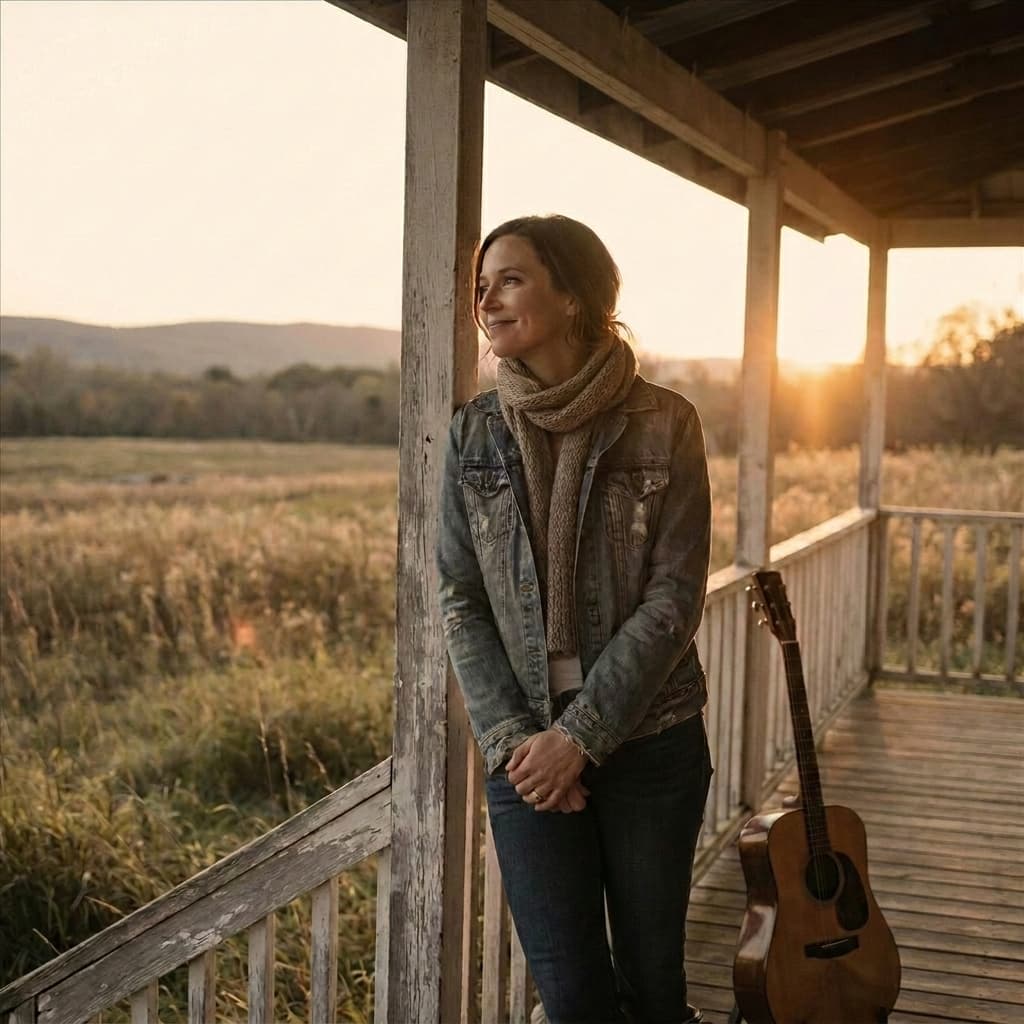Reflective woman on a rustic porch at sunset with warm country tones and open land nearby.