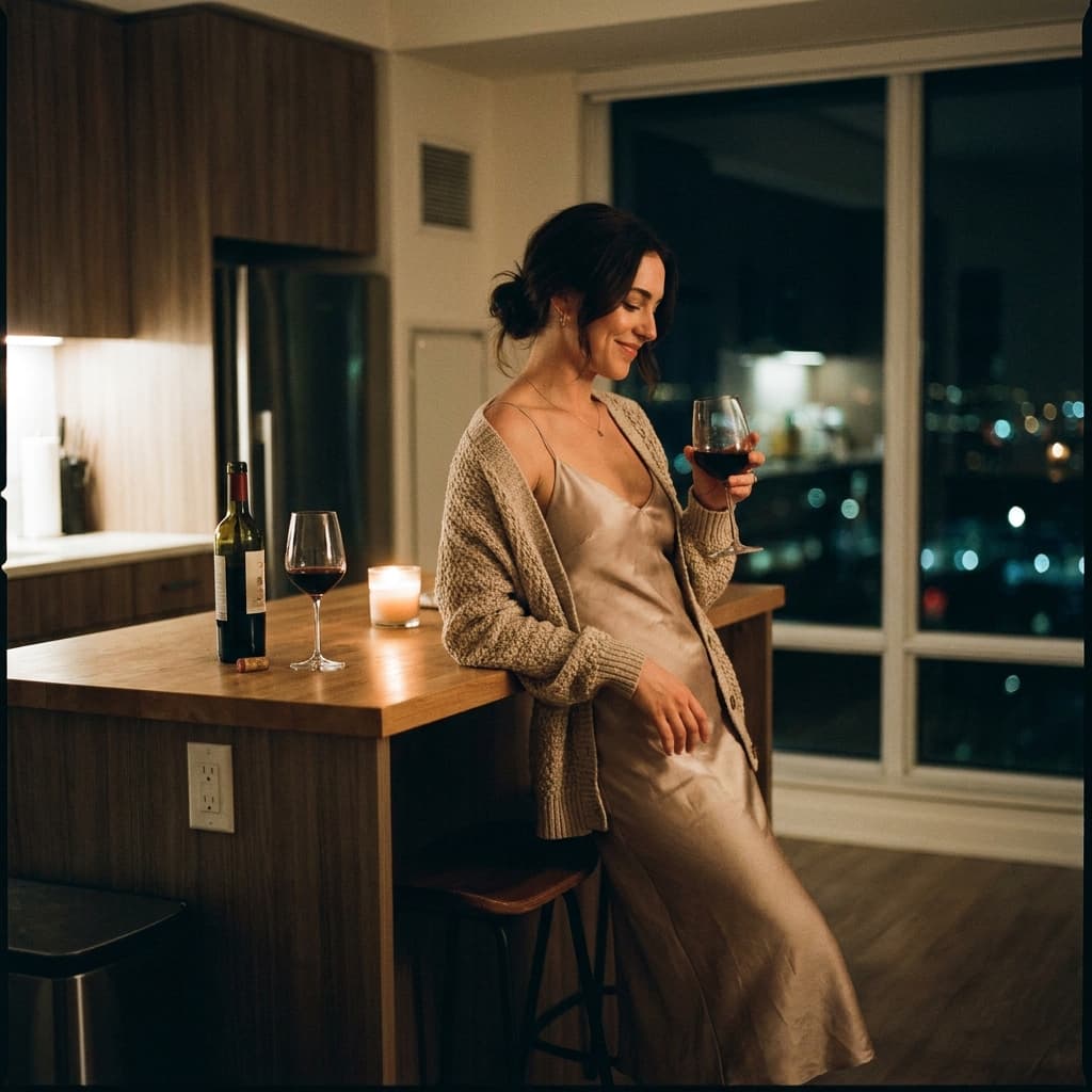 Warm evening portrait of a woman in a softly lit apartment with red wine and candlelight.