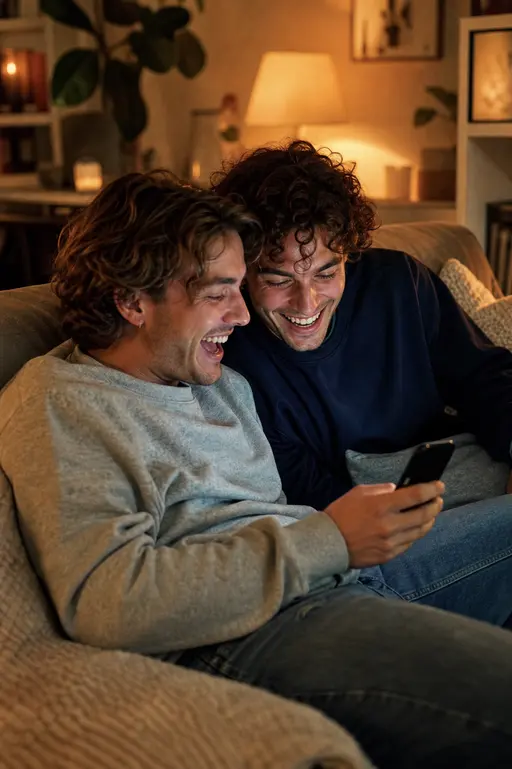 Two young adults on a couch reacting together with joy to a personalized song.