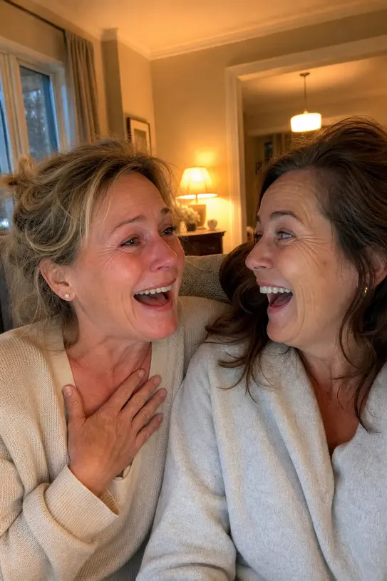 Two women at home sharing an emotional laugh while listening to a personalized song.